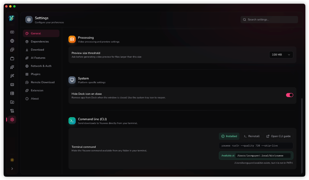 Youwee command line (CLI) settings