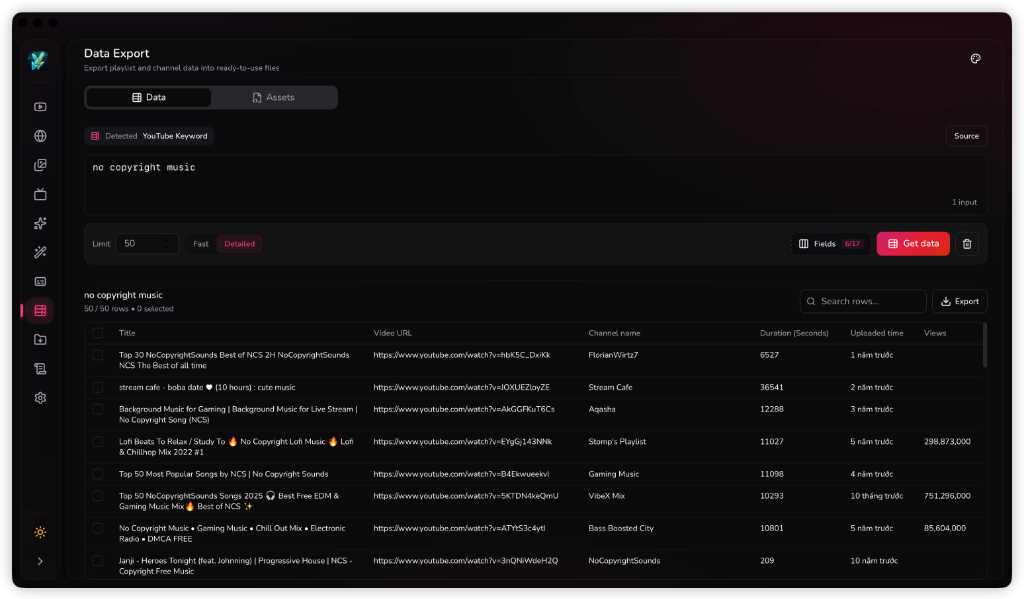 Youwee Data Export search by keyword panel